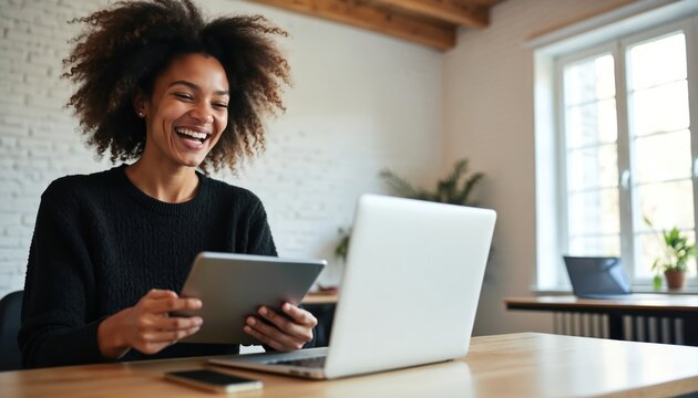 Young Latina woman laughs holding tablet while working on laptop in modern office. Freelancer communicates with friends online using tech gadgets, smiling brightly at screen, happy lifestyle.