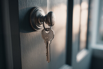 Close-up of a key in the lock of a house door showing early morning light