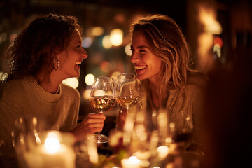 Two women enjoying a joyful moment together while toasting with wine glasses in a cozy, candlelit setting during an evening gathering
