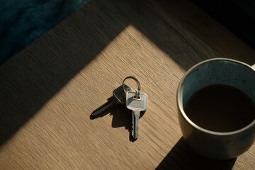 Keys resting on a wooden table beside a cup of coffee in the warm afternoon light