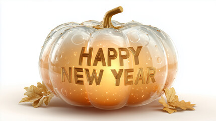 A transparent pumpkin with the title Happy New Year written inside it, glowing softly, clean and elegant style, white background, high-quality illustration.