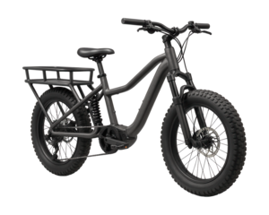 Versatile cargo bike featuring wide tires and shock-absorbing suspension for all terrains.