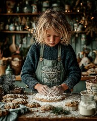 Little kid decorating Christmas biscuits on Christmas day, holiday baking scene