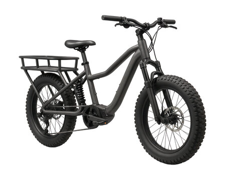 Versatile cargo bike featuring wide tires and shock-absorbing suspension for all terrains.