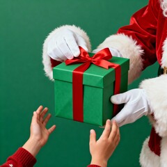 Santa Claus holds a green gift box wrapped with a red ribbon as an excited child approaches to receive it, capturing the joyful Christmas tradition against a festive green background.
