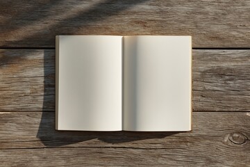 Open Blank Book Resting on a Wooden Table With Warm Sunlight Illuminating the Pages