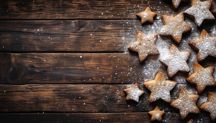Christmas star shaped gingerbread cookies with powdered sugar on a rustic wooden background with copy space.