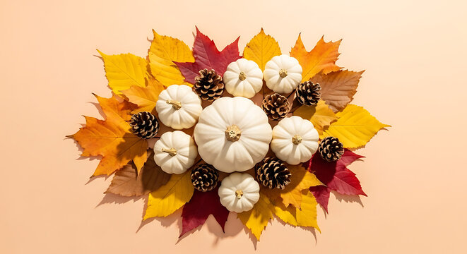Autumnal Arrangement Pumpkins, Pinecones, and Fall Leaves on a Beige Background