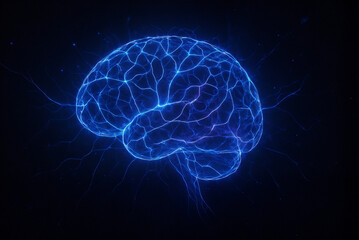 Glowing brain neural network on dark background