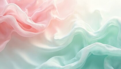 Obraz premium Soft pastel fabric flows in gentle waves. Light pink and mint green hues blend with white, creating a dreamy, airy texture. Smooth transitions give a calm, elegant mood for design.