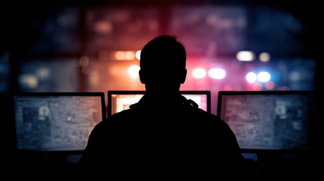 Police Cyber Unit Monitors Data Breaches in a Dark Room With Multiple Computer Screens