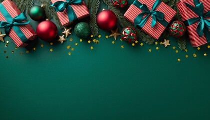 Elegant Christmas holiday background with red gift boxes and festive ornaments.