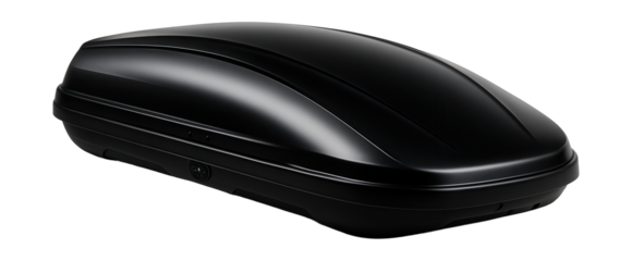 Streamlined roof box with a glossy black exterior and curved lid design.