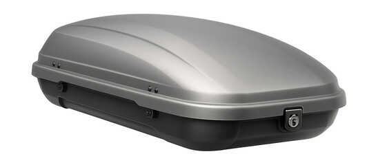 Matte silver rooftop cargo box featuring built-in lock and side hinges.