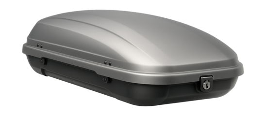 Matte silver rooftop cargo box featuring built-in lock and side hinges.