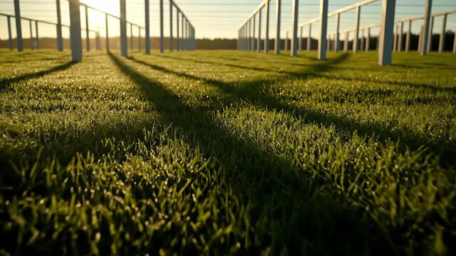 Sunlight casting shadows on green grass beneath a series of structural pillars in a field