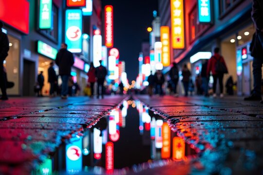 Vibrant Neon Lights and City Streets: Capturing the Bustling Nightlife and Urban Energy from Above