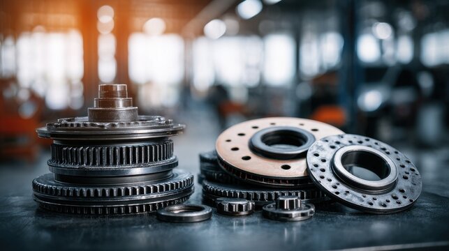 Stunning photo of various car spare part on the garage floor on a car background, auto repair shop or auto parts store concept.