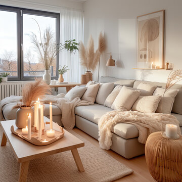 cozy Nordic style living room featuring light colored sofa adorned with soft blankets and pillows. space is decorated with plants, candles, and natural elements, creating warm and inviting