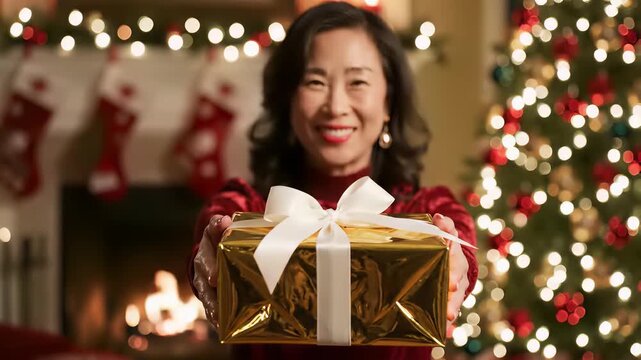 Woman holds beautifully wrapped gold gift in front of Christmas tree, exquisitely capturing the joyful concept of thoughtful giving and celebration, evoking feelings of love, appreciation.