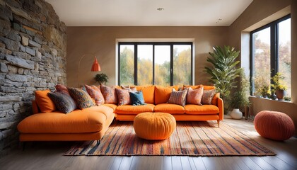 cozy living room with vibrant orange sofa colorful cushions stone walls and a bright window perfect for relaxation in a warm inviting atmosphere