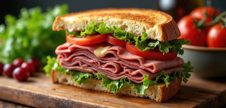 Tall meat sandwich with lettuce and tomatoes. Sliced roast beef piled high on toasted bread with yellow sauce. Fresh ingredients make a tasty lunch.