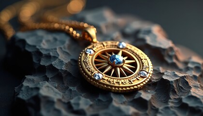 Elegant golden compass pendant. Jewellery design features ornate metalwork plus diamond accents. Necklace rests on rock. Symbolism includes guidance, time, journey. Ideal gift concept steampunk