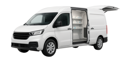 Mobile pharmacy vehicle featuring sliding side doors and spacious rear storage.