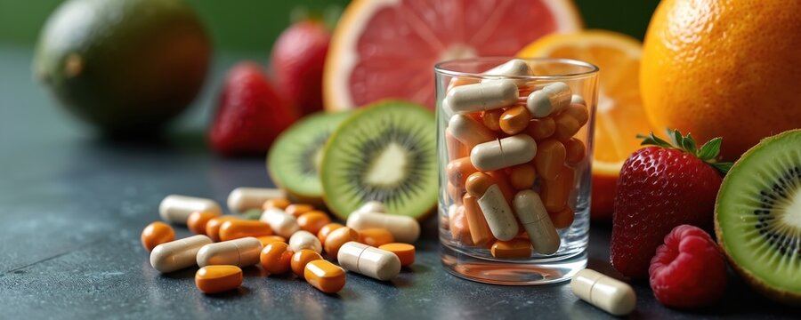 Healthy eating with fresh fruits like oranges, strawberries next to vitamin pills. Nutrition supplements support body wellness. Healthy lifestyle choices improve vitality. Good food, vitamins build