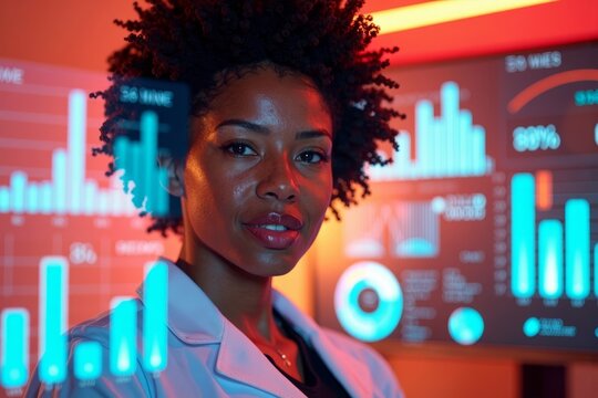 Title: A Black Data Analyst’s Afro-Futuristic Photo Shoot with Holographic Data Analytics Dashboards