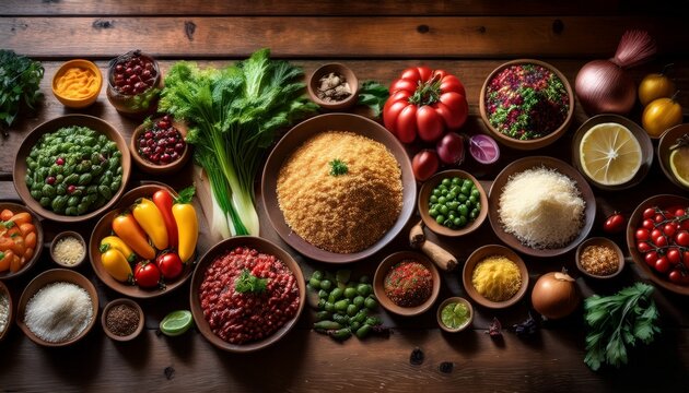 a culinary journey a vibrant spread of fresh ingredients awaits on a rustic wooden table inviting viewers to embark on a culinary adventure exploring the flavors of a diverse and exotic cuisine