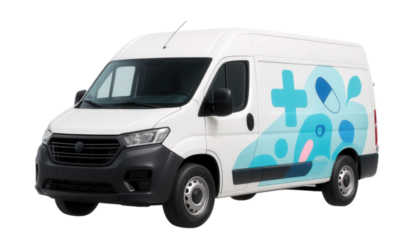Delivery van for pharmaceuticals featuring unique side graphics and rear access.