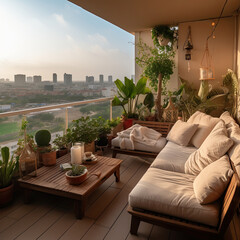 Obraz premium cozy balcony with comfortable seating, lush plants, and stunning city view. space is perfect for relaxation and enjoying sunset