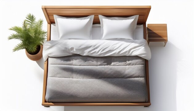 top view white bed with wooden frame featuring two pillows and neatly arranged linens in a minimal modern style isolated on white background