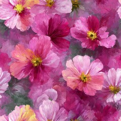 Artistic floral background featuring blooming pink cosmos flowers with deep magenta shadows and bright yellow centers painted in an expressive oil style.