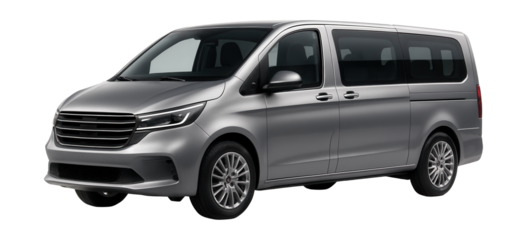 Eight-passenger van with a compact front hood and spacious rear windows.