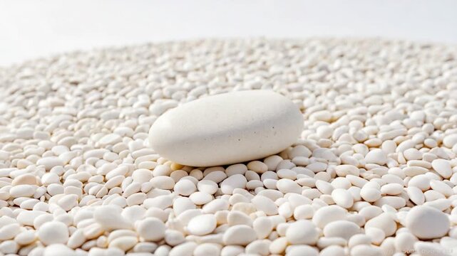 A small white stone sits atop a pile of white pebbles, perfect for use in decorative arrangements or as a symbol of simplicity and elegance