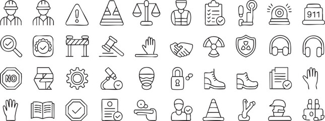 Outline safety and security icons for workplace hazard prevention