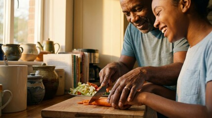 A father actively engages with his child, teaching cooking skills and building a positive family narrative in the kitchen.