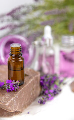 Essential oil with lavender extract. Selective focus.