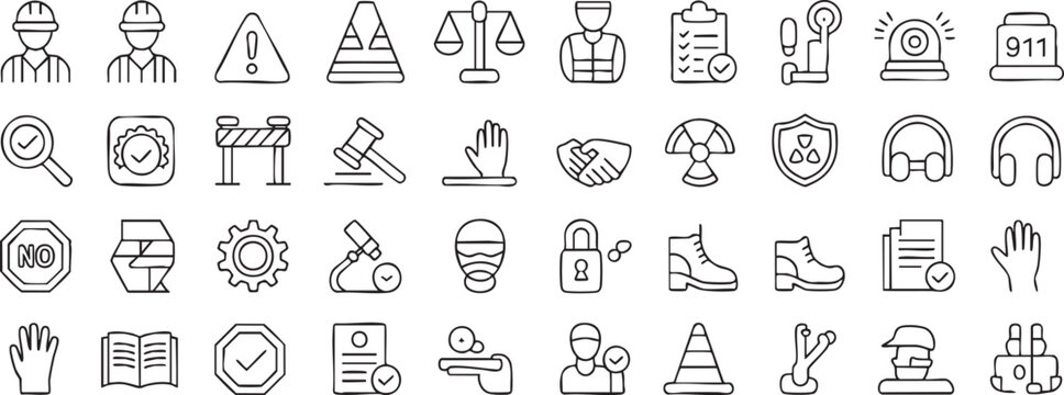 Outline safety and security icons for workplace hazard prevention