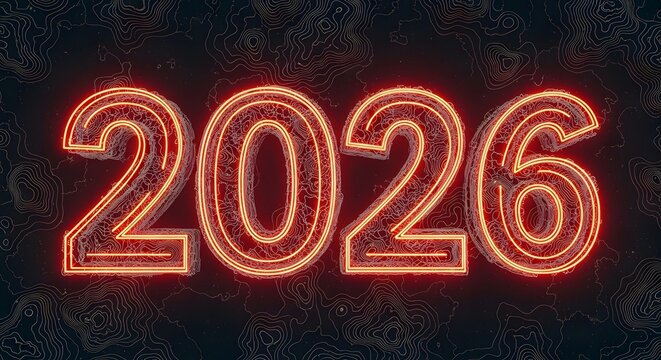 Year 2026 glowing neon outline on abstract topographic map texture.