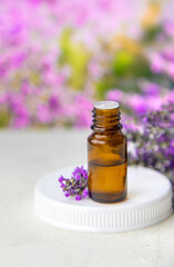 Essential oil with lavender extract. Selective focus.