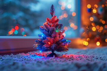 Christmas tree small glowing lights colorful festive decoration cozy winter interior background new year holiday season magic