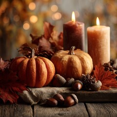 Warm cozy autumn still life with pumpkins, candles, and soft glowing lights. Perfect for Thanksgiving, fall decor, and seasonal celebration themes.