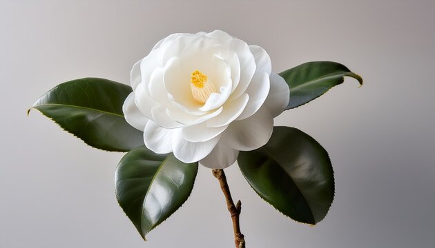 serene white camellia a single pristine white camellia blossom stands tall its delicate petals unfurling against a soft neutral backdrop a symbol of elegance purity and timeless beauty