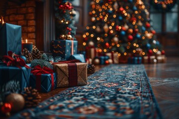 Christmas presents wrapped in festive paper under glowing decorated tree cozy winter holiday celebration family tradition atmosphere indoors