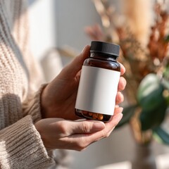 amber supplement bottle in hand