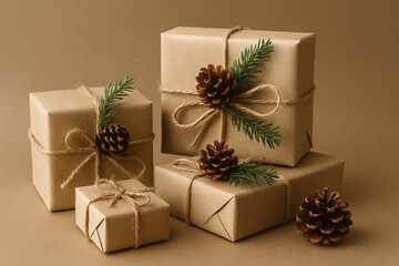 Gift boxes wrapped kraft paper pine cones evergreen branches rustic decoration eco friendly handmade Christmas holiday minimal natural design sustainable