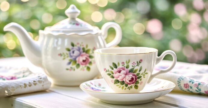 Cup and teapot on the green bokeh background - Powered by Adobe